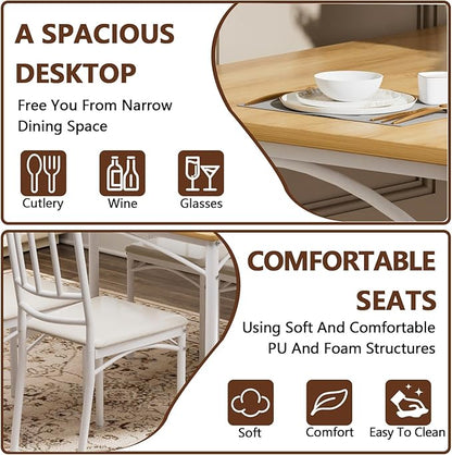 5 Piece Dining Table Set for 4, Farmhouse Kitchen Table and PU Chairs, Small Space Compact Dinette, Wood Top & Metal Frame, Breakfast Nook Set for Apartment Dining Room (Walnut+Black)