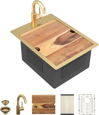 15"x20" Drop In Bar Prep Sink Workstation – Brushed Gold NANO-PVD, 16 Gauge 304 Stainless Steel, Single Bowl Top Mount Wet Bar RV Outdoor Kitchen Sink with Faucet