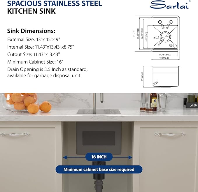 Sarlai Undermount Bar Sink With Foldable Faucet - 13x15 Inch Outdoor Kitchen Sink RV Workstation 16 Gauge Stainless Steel Single Bowl Handmade Outdoor BBQ Sinks
