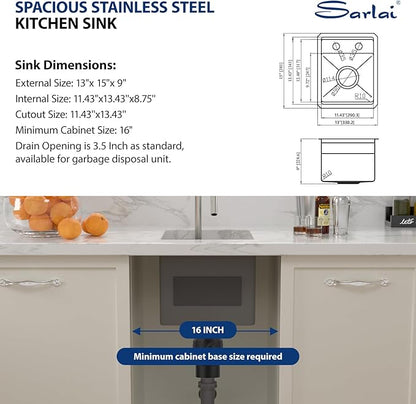 Sarlai Undermount Bar Sink With Foldable Faucet - 13x15 Inch Outdoor Kitchen Sink RV Workstation 16 Gauge Stainless Steel Single Bowl Handmade Outdoor BBQ Sinks