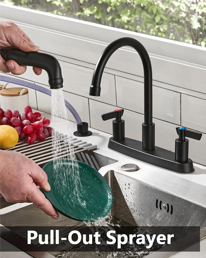 Kitchen Faucet with Sprayer 2 Handle Kitchen Sink Faucets 8 Inch Centerset 3 Hole with Supply Lines Matte Black