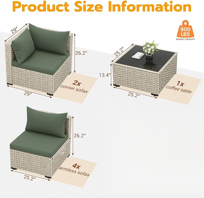 UDPATIO Outdoor Patio Furniture Set, 7-Piece PE Wicker Sectional Sofa with Tea Table, Outdoor Conversation Set for Patio, Garden, Backyard Green