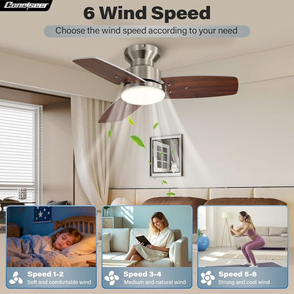 42 Inch Ceiling Fans with Lights and Remote, Bedroom Living Room Office, Flush Mount, 3CCT Dimmable, Dual Color 3 Blades 6 Speed Reversible Quiet DC Motor, Sand-Nickel/Wood Grain