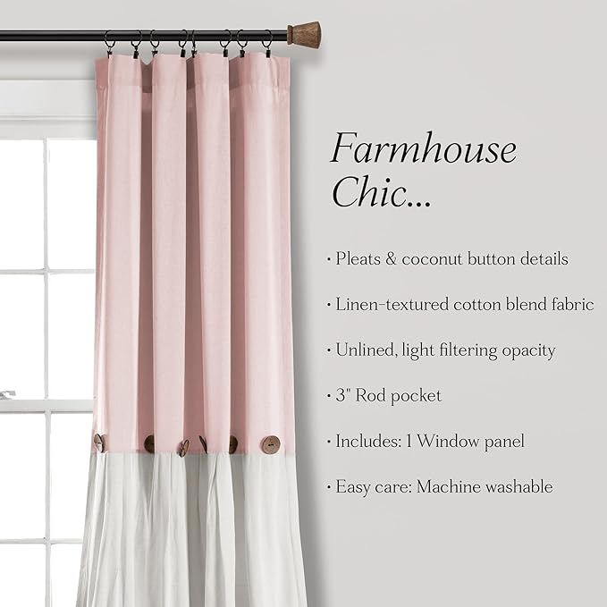 Lush Decor Linen Button Window Curtain Panel, Single, 40" W x 84" L, Blush & White - Country Curtains - Rustic Decor - Color Block Modern Farmhouse Curtains For Living Room, Bedroom & Dining Room