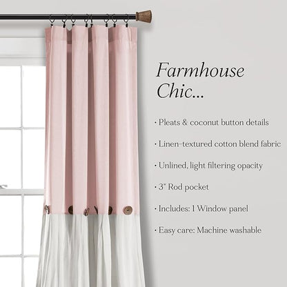 Lush Decor Linen Button Window Curtain Panel, Single, 40" W x 108" L, Blush & White - Rustic Decor - Color Block Modern Farmhouse Curtains For Living Room, Bedroom & Dining Room