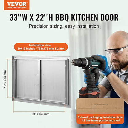 VEVOR BBQ Access Door, 33W x 22H Inch Double Outdoor Kitchen Door, Stainless Steel Flush Mount, Wall Vertical with Handles, for BBQ Island, Grilling Station, Outside Cabinet