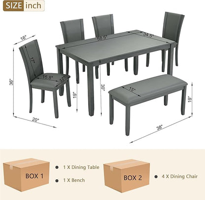 6-Piece Dining Table Set with Bench and Chairs, Wooden Dining Table Set for 6 People, Farmhouse Rustic Kitchen Table Set for Dining Room, Dark Walnut