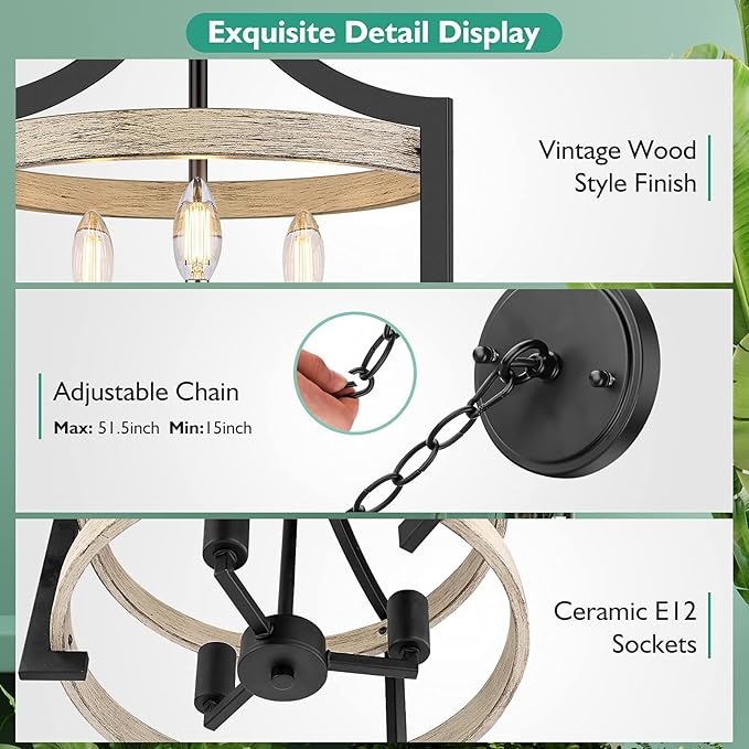 3-Light Farmhouse Chandelier, 14.5” Pendant Hanging Lighting Adjustable Height, Convertible Vintage Semi Flush Mount Ceiling Light Fixture, Rustic Chandeliers for Dining Room Foyer Entryway Kitchen
