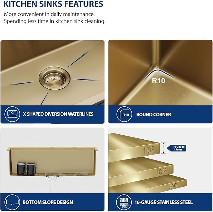 Lordear 36 Inch Drop In Kitchen Sink Matte Gold Stainless Steel 16 Gauge T304 Single Bowl Handmade Topmount Kitchen Sink with Workstation All in One 36x22x10 Inch