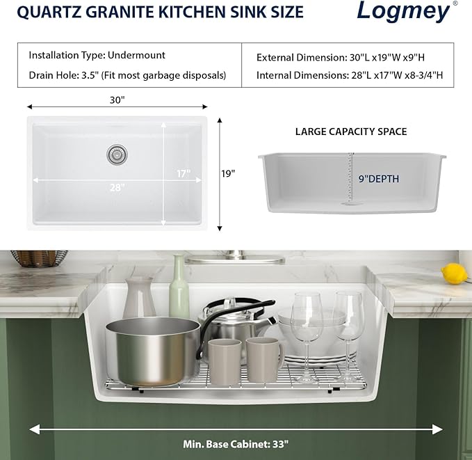 Logmey 30" White Granite Composite Undermount Sink,All in One Workstation Single Bowl Quartz Sinks,Scratch-resistant,Large Deep Under Counter Sink for Minimalist & Scandinavian Style Kitchen,30x19x9