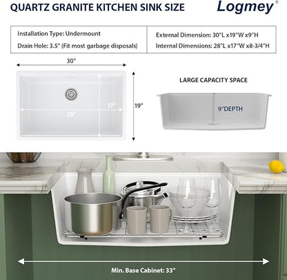 Logmey 30" White Granite Composite Undermount Sink,All in One Workstation Single Bowl Quartz Sinks,Scratch-resistant,Large Deep Under Counter Sink for Minimalist & Scandinavian Style Kitchen,30x19x9