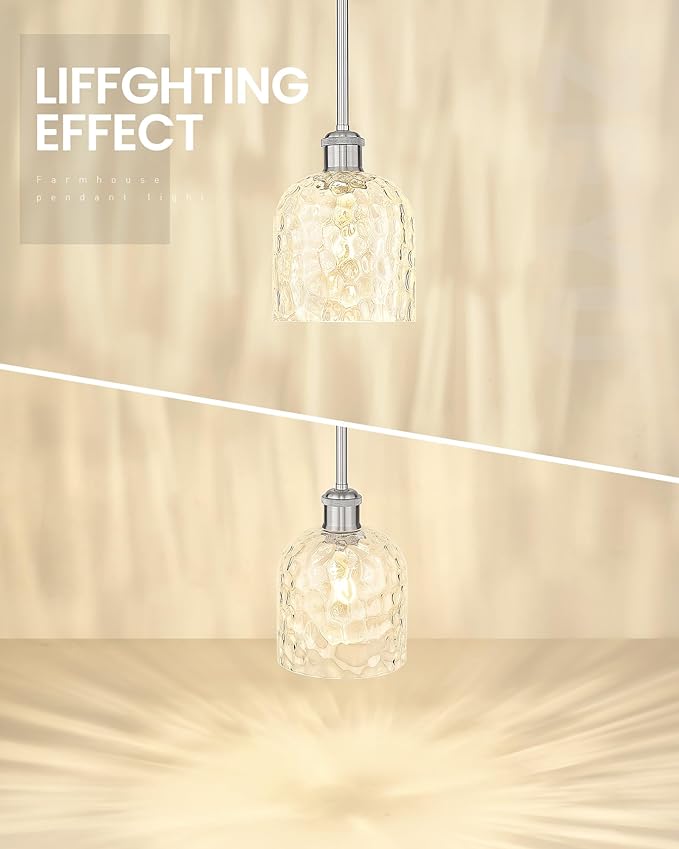 zeyu Adjustable Hanging Lights for Kitchen, Large Pendant Lights Kitchen Island, Modern Hanging Pendant Lights 2 Pack with Clear Hammered Glass, Brushed Nickel Finish, ZJF63MIL-L-2PK BN