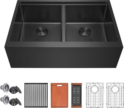 MILOSEN 30 Inch Black Farmhouse Kitchen Sink, 30''x22'' Drop in Black Stainless Steel Workstation Apron Front Sink with Ledge & Accessories, Double Bowl Farm Sinks, 10'' Large and Deep Handmade Sinks