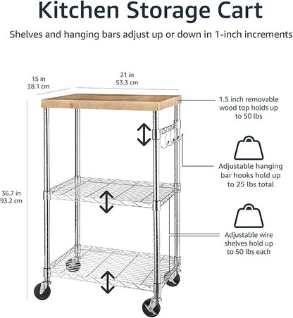 Basics Portable Kitchen 3-Tier Storage Rack on Caster Wheels with Adjustable 2 Shelves, 175 Pound Capacity, 21 x 15 x 36.7 inches (LxWxH), Wood/Chrome