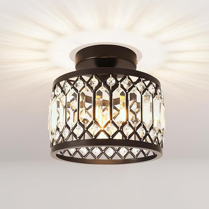 ANWIO Crystal Black Ceiling Light Fixture, Modern Semi Flush Mount Ceiling Light, Small Crystal Chandelier for Kitchen Bedroom Bathroom Entryway, 8inch
