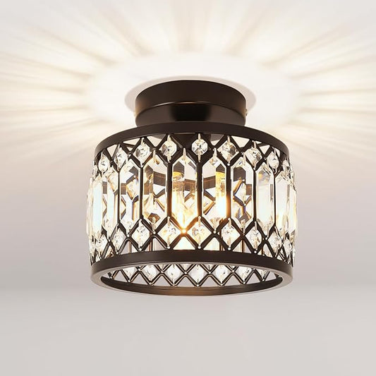 ANWIO Crystal Black Ceiling Light Fixture, Modern Semi Flush Mount Ceiling Light, Small Crystal Chandelier for Kitchen Bedroom Bathroom Entryway, 8inch