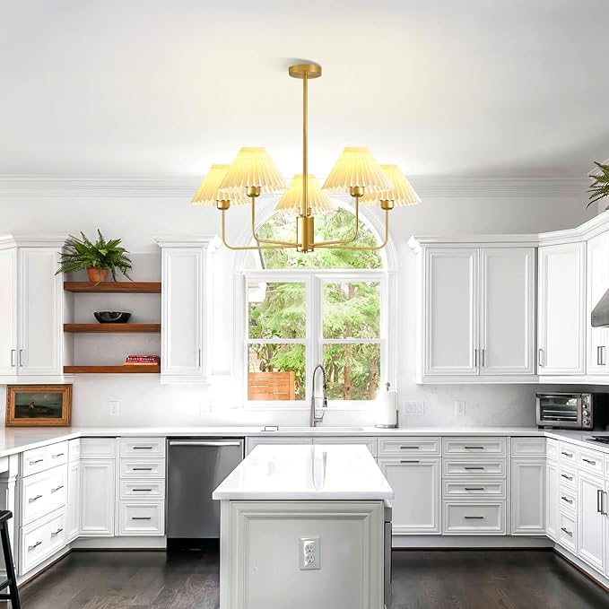 Gold Chandelier Light Fixture, 5-Lights Mid Century Chandelier with Shades for Dining Room Light Fixture, Adjustable Height White Pleated Farmhouse Pendant Light for Bedroom Ceiling Lamp