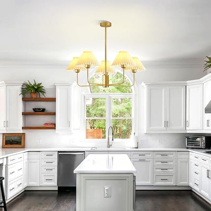 Gold Chandelier Light Fixture, 5-Lights Mid Century Chandelier with Shades for Dining Room Light Fixture, Adjustable Height White Pleated Farmhouse Pendant Light for Bedroom Ceiling Lamp