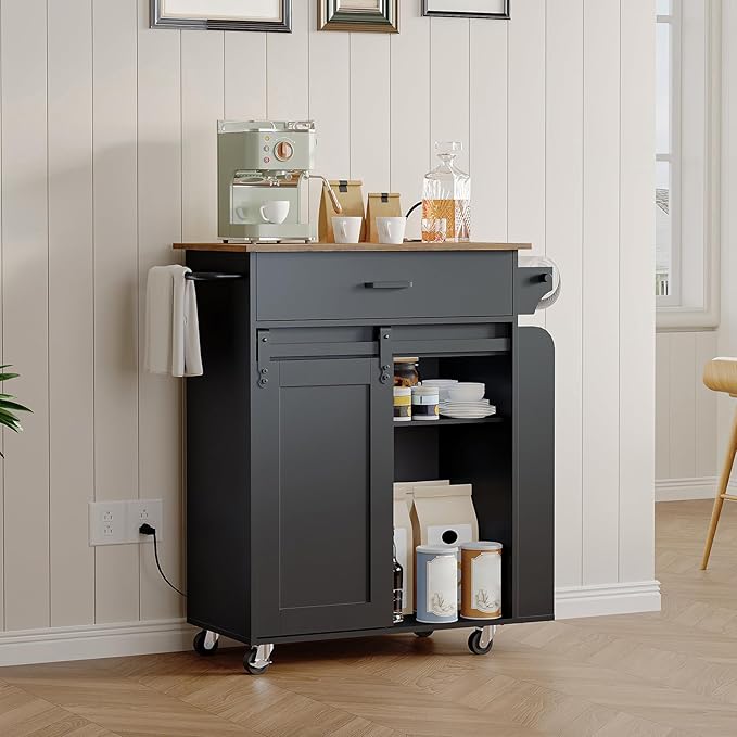 YATINEY Kitchen Island with Storage, Mobile Kitchen Cart with Charging Station, Kitchen Island on Wheels, Rolling Island Table with Sliding Cabinet Door, Black and Rustic Brown ZD01UBR