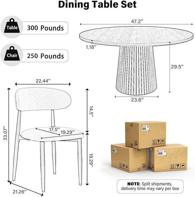 Farmhouse Round Dining Table Set for 6, 47 in Kitchen Table with MDF Tabletop & Base, Beige Fabric Upholstered Chairs with Walnut-Grain Metal Legs for Home Small Apartment (1 Table+6 Chairs)