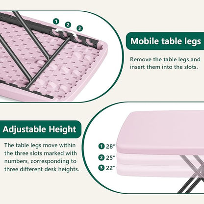 30 Inch Folding Table Set of 2, Adjustable Height TV Tray for Small Spaces, Heavy Duty Foldable Utility Table for Laptop, Dining, Camping, No Assembly, 200 lbs Capacity, Pink Granite