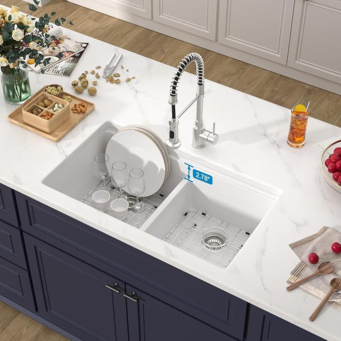 33 Inch Undermount White Granite Composite Kitchen Sink Under Counter Quartz Double Bowl Sink Workstation Sinks with Accessories Quick Drain Noise Reduction Home Renovation Classic Style