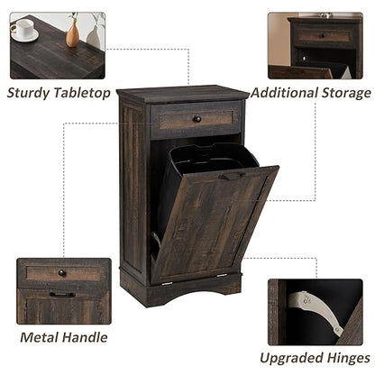 13 Gallons Tilt Out Trash Cabinet Freestanding Kitchen Trash Bin Cabinet Wood Garbage Recycling Cabinet with Hideaway Drawer Pet Proof Trash Can Holder for Kitchen Living Room, Rustic Brown