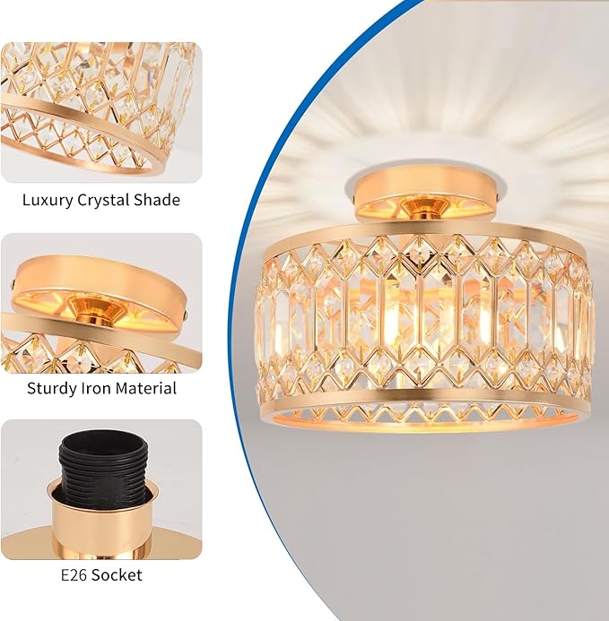 ANWIO Crystal Gold Ceiling Light Fixture, Modern Semi Flush Mount Ceiling Light, Crystal Chandelier for Kitchen Bedroom Bathroom Entryway, 10.63inch