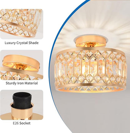ANWIO Crystal Gold Ceiling Light Fixture, Modern Semi Flush Mount Ceiling Light, Crystal Chandelier for Kitchen Bedroom Bathroom Entryway, 10.63inch