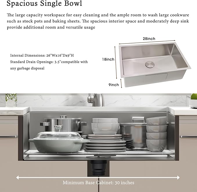 28 Inch Undermount Kitchen Sink, Delironexu 16 Gauge 304 Stainless Steel Kitchen Sink, 28" x 18" Single Bowl Undermount Sink with 4 Accessories: Bottom Grid, Roll-Up Rack, Drain & Towel