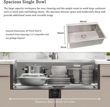 28 Inch Undermount Kitchen Sink, Delironexu 16 Gauge 304 Stainless Steel Kitchen Sink, 28" x 18" Single Bowl Undermount Sink with 4 Accessories: Bottom Grid, Roll-Up Rack, Drain & Towel
