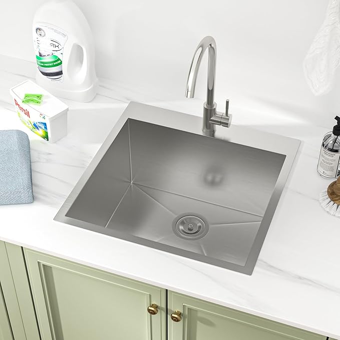 25 Laundry Sink Drop In - 25x22x12 Inch Laundry Utility Sinks 12 Inch Deep Sinks Stainless Steel Topmount Sink 16 Gauge Single Bowl Sink for Laundry Room