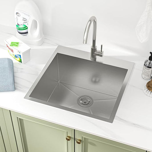 25 Laundry Sink Drop In - 25x22x12 Inch Laundry Utility Sinks 12 Inch Deep Sinks Stainless Steel Topmount Sink 16 Gauge Single Bowl Sink for Laundry Room