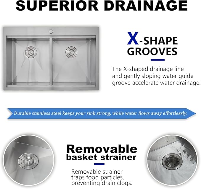 IKEBANA 33 x 22 Inch Double Bowl Kitchen Sink Drop in, Brushed Nickel 16 Gauge Stainless Steel Topmount 50/50 Double Basin Workstation Kitchen Sink with Accessories