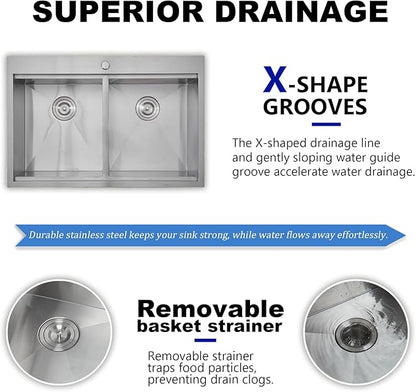 IKEBANA 33 x 22 Inch Double Bowl Kitchen Sink Drop in, Brushed Nickel 16 Gauge Stainless Steel Topmount 50/50 Double Basin Workstation Kitchen Sink with Accessories