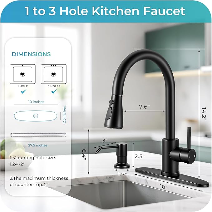 Pull Down Kitchen Faucet with Soap Dispenser - Matte Black Single Handle Kitchen Faucets, High Arc Stainless Steel Pull Out Kitchen Sink Faucet with Deck for RV Laundry Farmhouse Bar