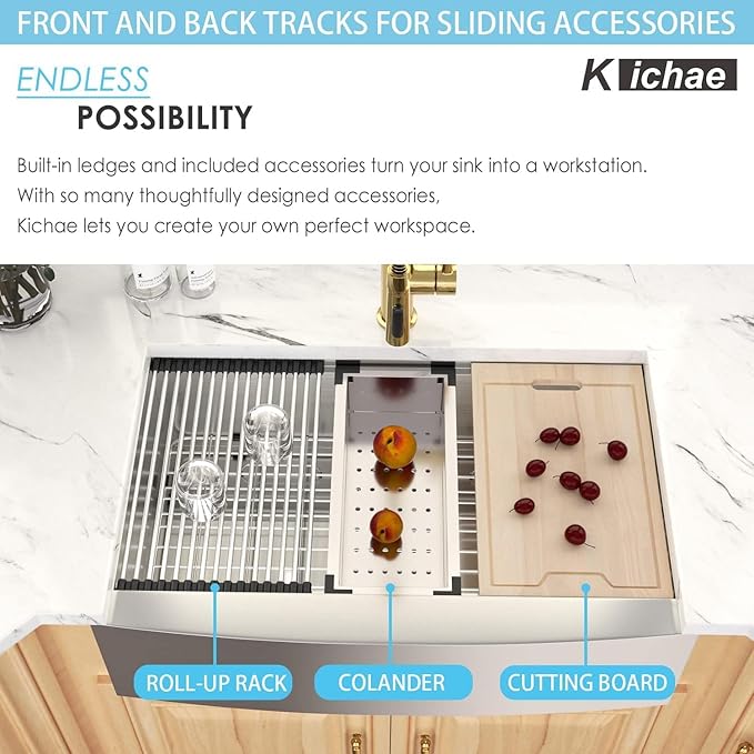 Kichae 36 Inch Farmhouse Kitchen Sink Ledge Workstation Apron Front Farmer Sink 16 Gauge Stainless Steel Single Bowl Handmade Under Counter Basin with Accessories