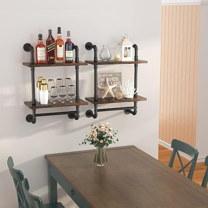 Helsin Industrial Pipe Floating Bathroom Shelves Wall Mounted with Towel bar, 2 Tier Rustic Wood Wall Shelf, 16inch Metal Towel Rack Storage Bookshelf for Bathroom, Kitchen, Farmhouse, Living Room | with Towel bar, Wall Shelf, Towel Rack, Storage Books...