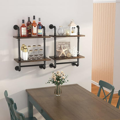 Helsin Industrial Pipe Floating Bathroom Shelves Wall Mounted with Towel bar, 2 Tier Rustic Wood Wall Shelf, 16inch Metal Towel Rack Storage Bookshelf for Bathroom, Kitchen, Farmhouse, Living Room | with Towel bar, Wall Shelf, Towel Rack, Storage Books...