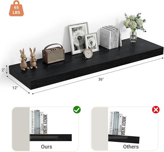 Heimlove 12" Deep Floating Shelves, 36 x 12 Inch Wall Mounted Long Floating Shelf with Invisible Brackets, for Home Decor, Bedroom, Kitchen, Living Room, Bathroom - 1 Pack, Black
