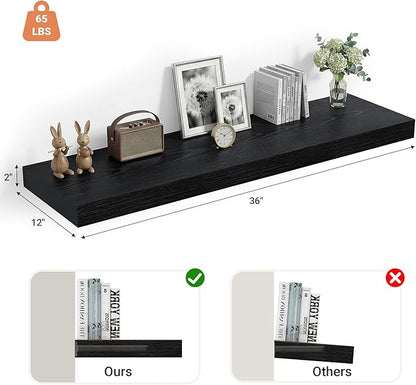 Heimlove 12" Deep Floating Shelves, 36 x 12 Inch Wall Mounted Long Floating Shelf with Invisible Brackets, for Home Decor, Bedroom, Kitchen, Living Room, Bathroom - 1 Pack, Black