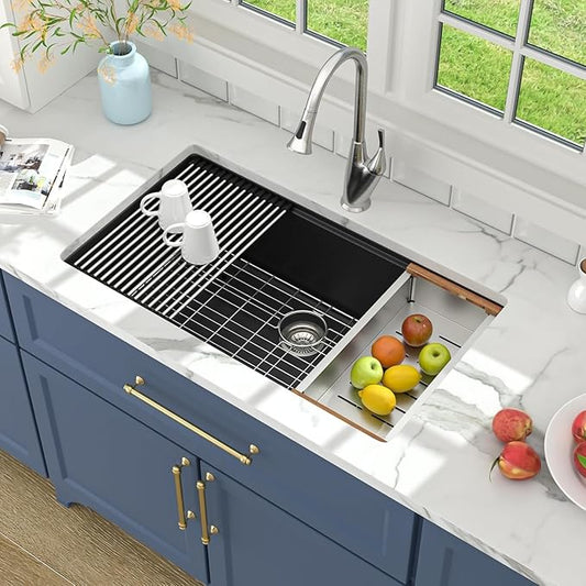 Lordear 30 Black Undermount Kitchen Sink Granite Composite 30X19 Inch Undermount Workstation Sinks Quartz Black Deep Single Bowl Sink