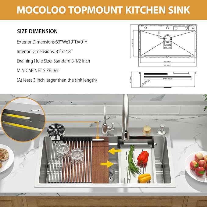 Mocoloo 33 Inch Honeycomb Waterfall Kitchen Sink - 33x19 Drop In Ledge Workstation 16 Gauge Stainless Steel Single Bowl Modern Sink with Faucet Combo and Built-in Accessories