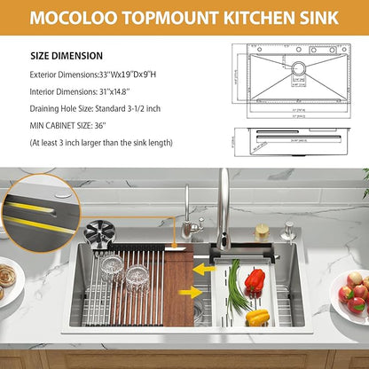 Mocoloo 33 Inch Honeycomb Waterfall Kitchen Sink - 33x19 Drop In Ledge Workstation 16 Gauge Stainless Steel Single Bowl Modern Sink with Faucet Combo and Built-in Accessories