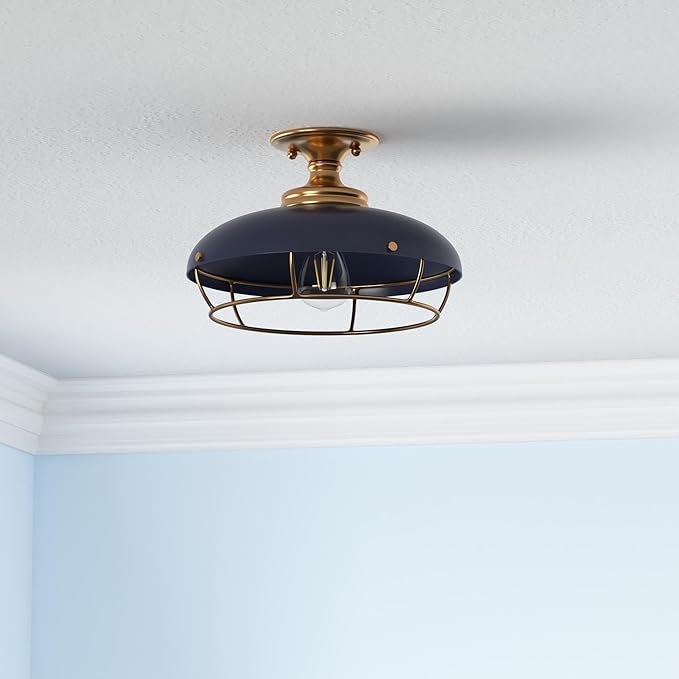Presley Caged Dome Metal Semi-Flush Mount Ceiling Light, Brushed Brass and Navy Blue
