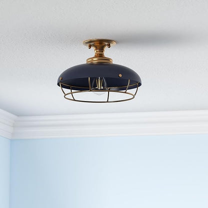 Presley Caged Dome Metal Semi-Flush Mount Ceiling Light, Brushed Brass and Navy Blue