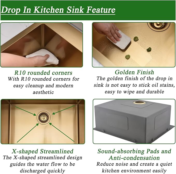 20 Inch Gold Drop In Kitchen Sink-Brovy 20x16 Gold Kitchen Sink Drop In with Faucet Combo Small Outdoor Rv 18 Gauge Stainless Steel Top Mount Single Bowl Wet Bar Sinks with Mat&Drainer