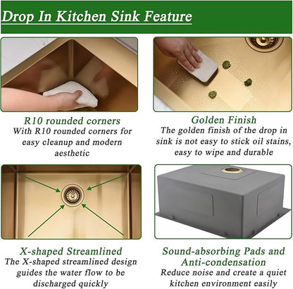 20 Inch Gold Drop In Kitchen Sink-Brovy 20x16 Gold Kitchen Sink Drop In with Faucet Combo Small Outdoor Rv 18 Gauge Stainless Steel Top Mount Single Bowl Wet Bar Sinks with Mat&Drainer