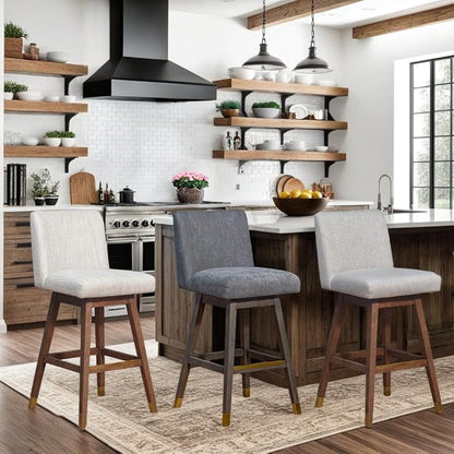 Armen Living Basila Modern Farmhouse 30" Seat Height Swivel Bar Stool for Kitchen Island Counter in Brown Oak Wood with Beige Fabric