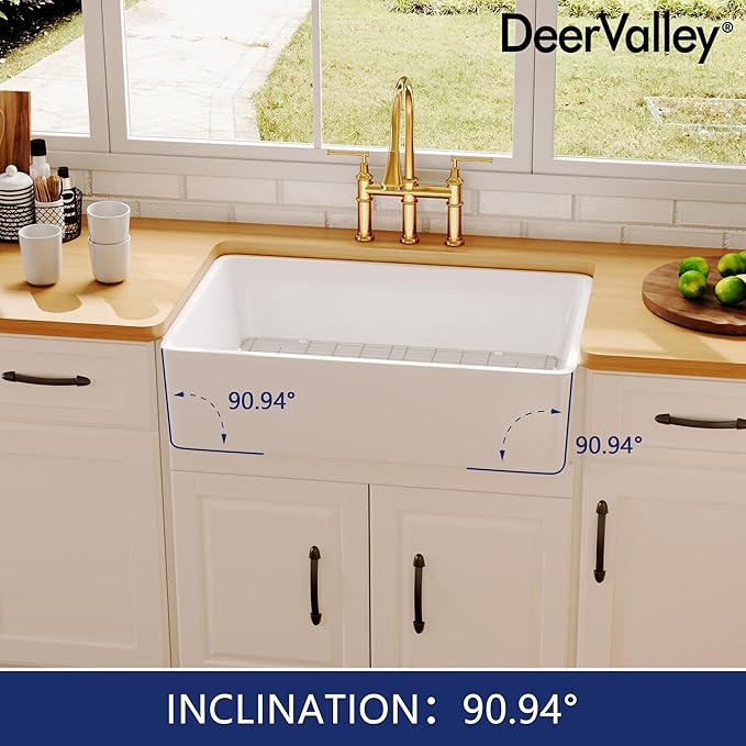 DeerValley Farmhouse Kitchen Sink 33 Inch, Fireclay White Undermount Kitchen Sink, Ceramic Apron-Front Deep Single Bowl with Stainless Steel Grid & Drain